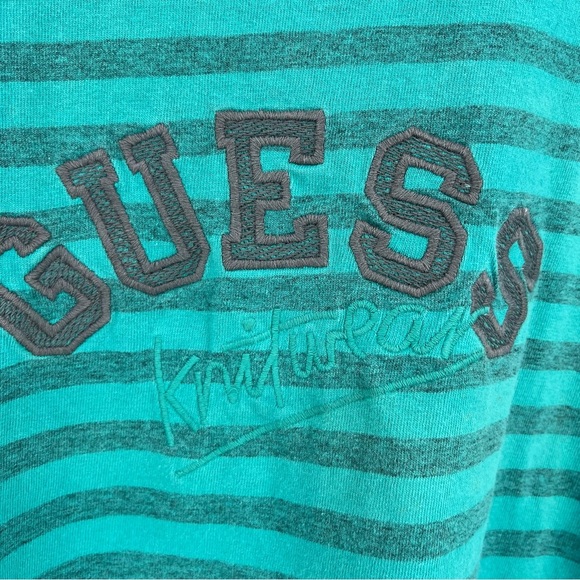 VTG Guess Knitwear USA Green Striped Embroidered Boxy Cotton T-Shirt One Size - Picture 2 of 5